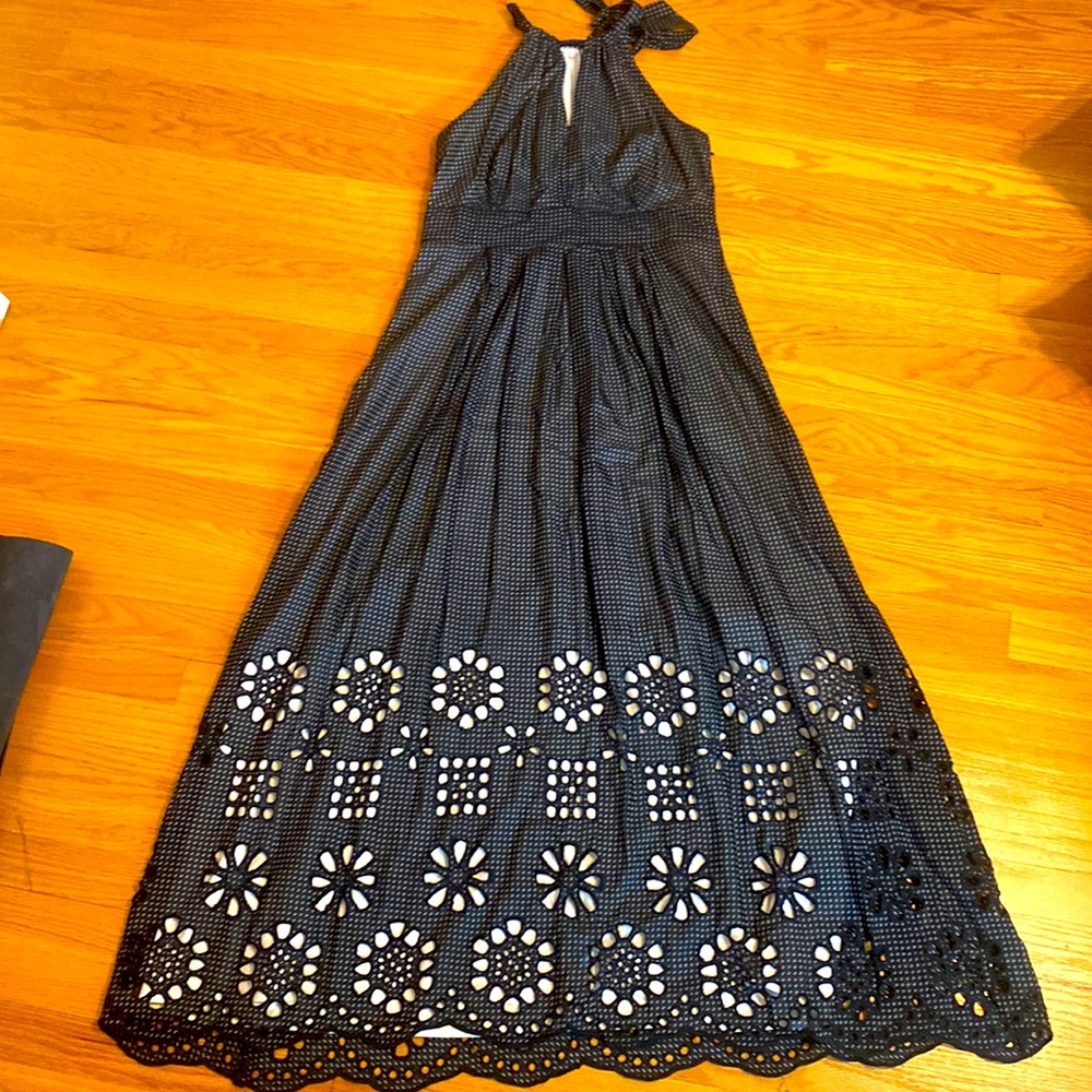 Eva Franco Navy Tie Halter Maxi Dress w/ Embroidered Skirt size 10